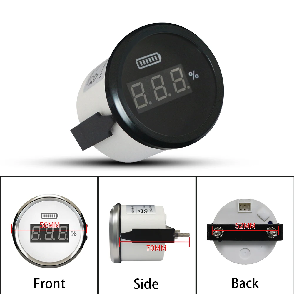 Rhaxel Car 52mm 0100% 디지털 배터리 충전 수준 표시기 게이지 배터리 용량 측정기 빨간색 백라이트가 있는 LED 디스플레이