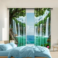2pc, Party Window Curtains Forest waterfall pattern Fabric,Without Electricity Birthday Party Applies to aesthetic room decor 1