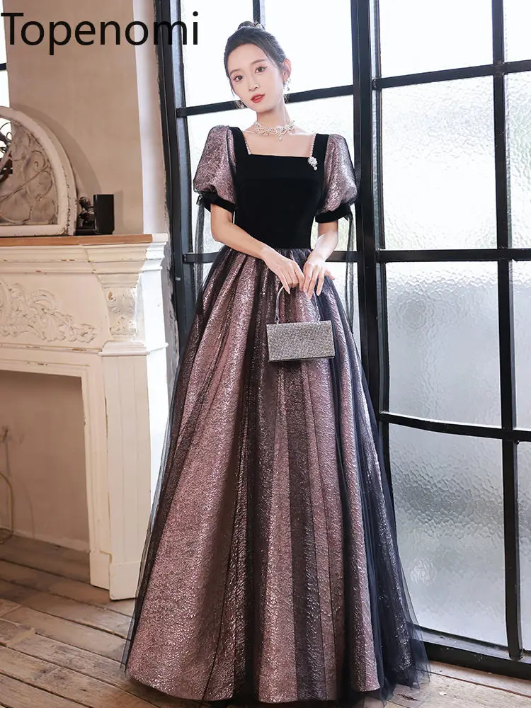 

Topenomi Prom Dresses Women French Vintage Square Collar Patchwork Puff Sleeve Waist A-line Evening Gown Birthday Party Dress