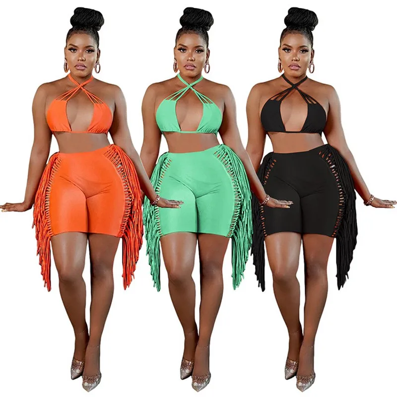 Bikini Fringe Sexy Personality Two Piece Set Women's Summer New Beach Style Solid Color Sleeveless Top Shorts Matching Set 2022