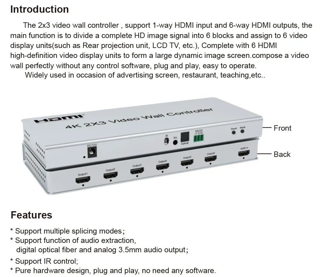 4K 2x3 HDMI Video Wall Controller 2x2 1x2 2 4 6 TV Multi Screen