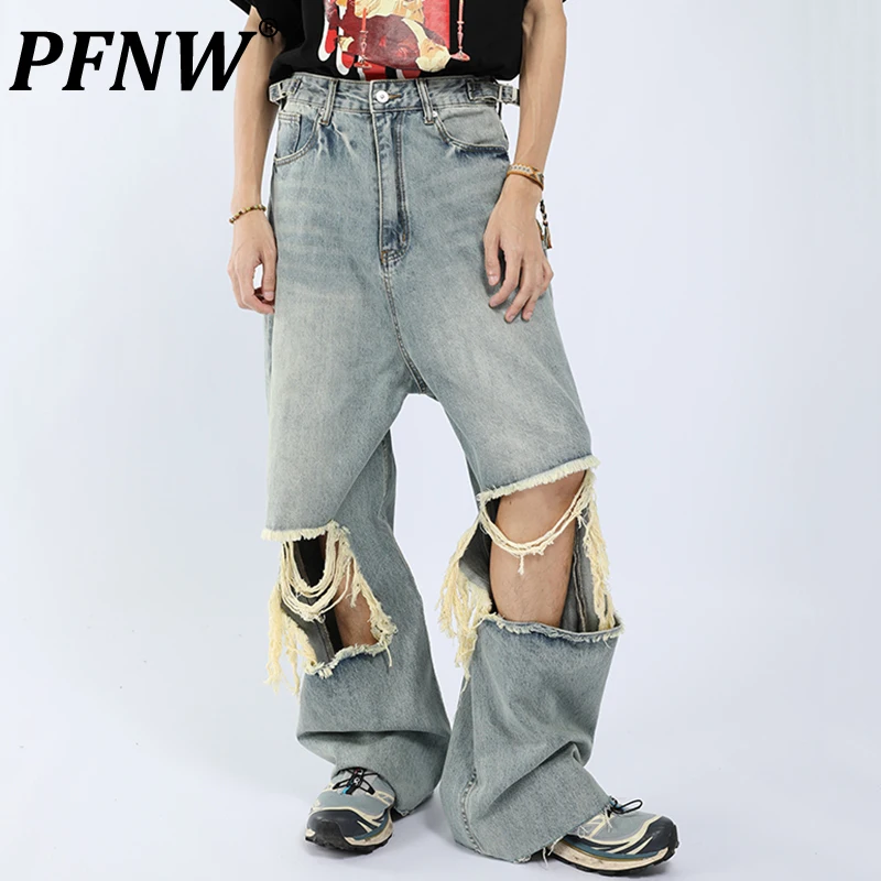 

PFNW New Men's American Retro Distressed Washed Pants High Street Loose Hiphop Autumn Frayed Worn Out Straight Y2k Jeans 28A3399