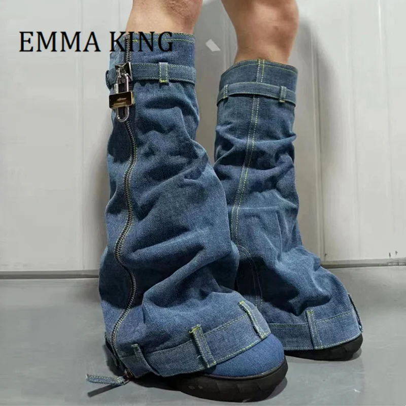 

Женские джинсовые сапоги с металлическим замком, сапоги до колена с круглым носком, увеличивающие рост, модные ковбойские сапоги на толстой подошве с боковой молнией, Большой 44