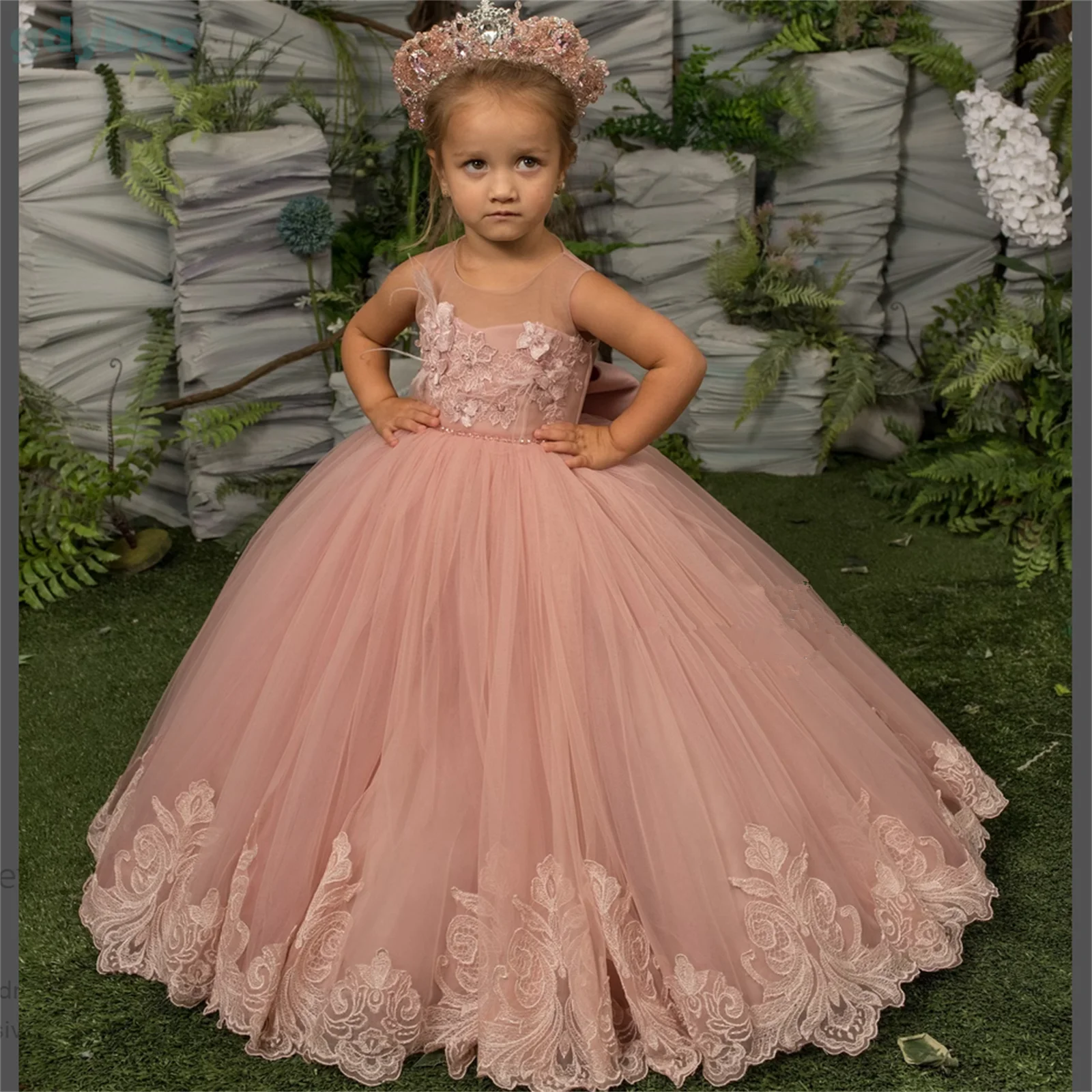 

A+Lace Puffy Layers Pink Flower Girl Dresses Tulle Bow Kids Princess Dress Kids First Communion Dresses Birthday