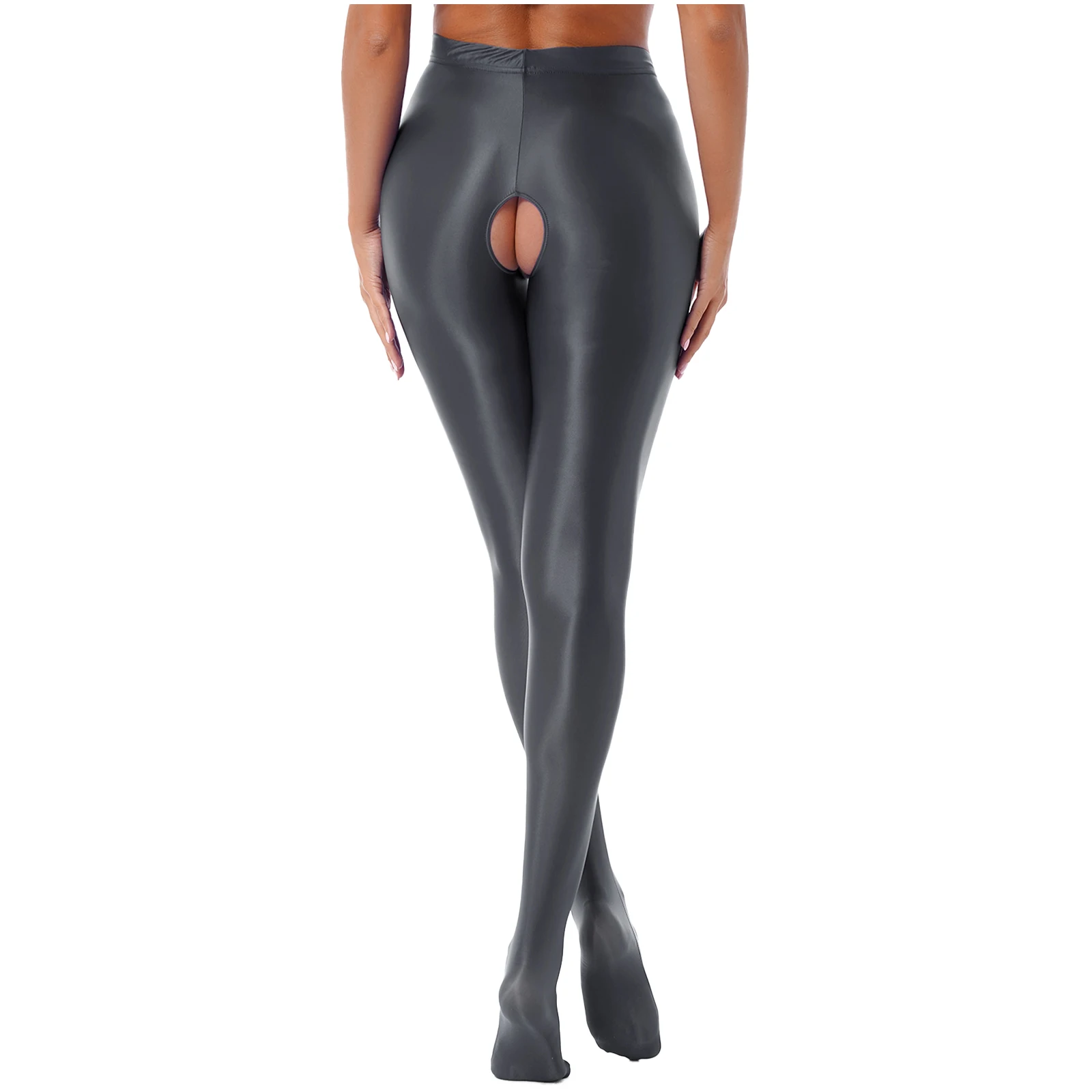 Sexy Crotchless Solid Color Pantyhose Leggings Womens Glossy High Waist Elastic Waistband Skinny Pants Lingerie Nightwear