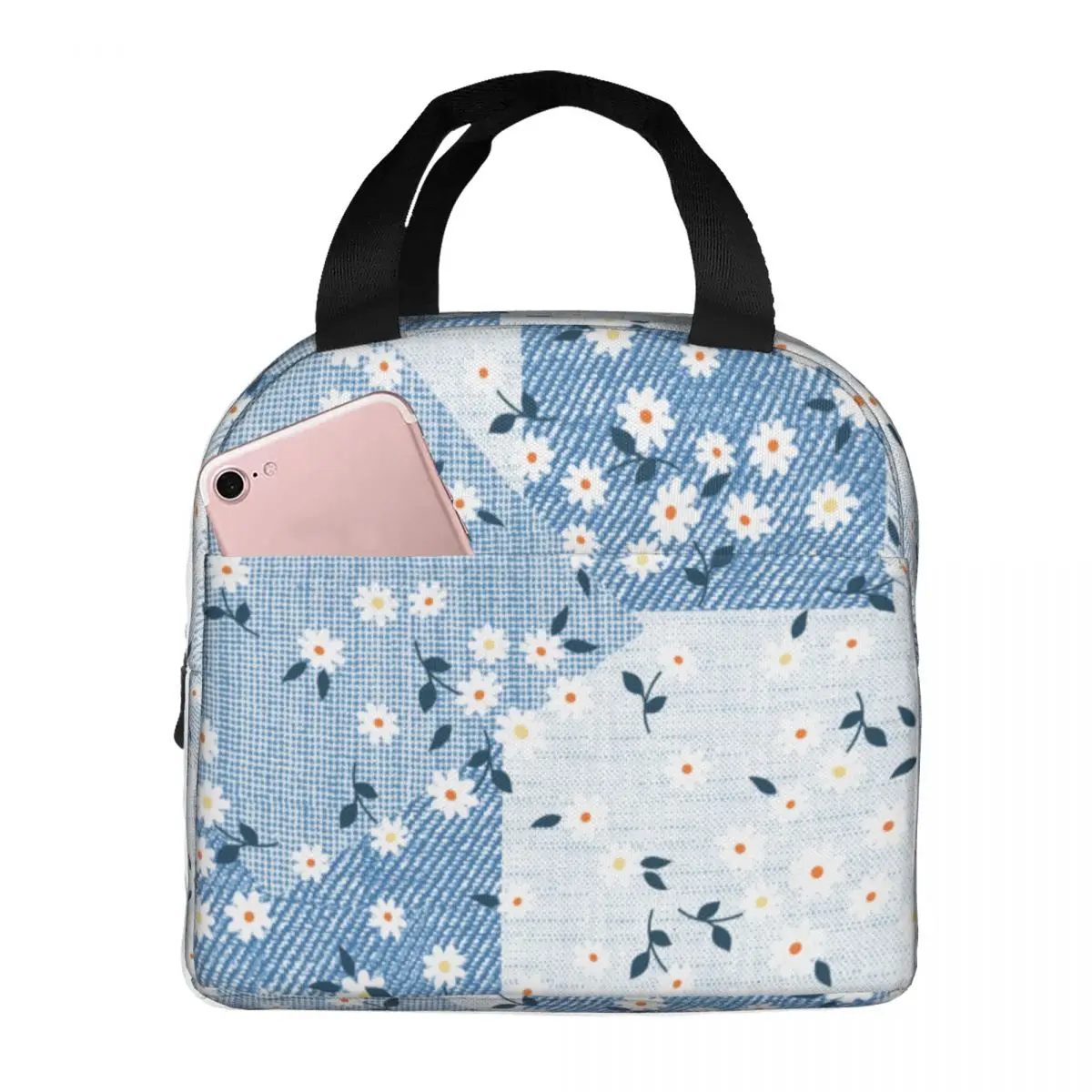 

Lunch Bag for Men Women Flower Pattern On Denim Thermal Cooler Portable Picnic Canvas Tote Bento Pouch