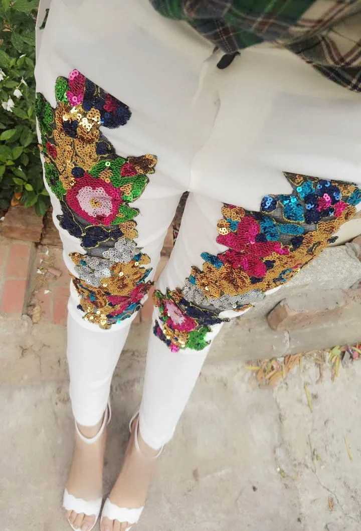 2024 Spring and Summer Women's Sequins White Denim Pants Slim All-match Basic Pencil Student Stretch Jeans Daily Street Trousers