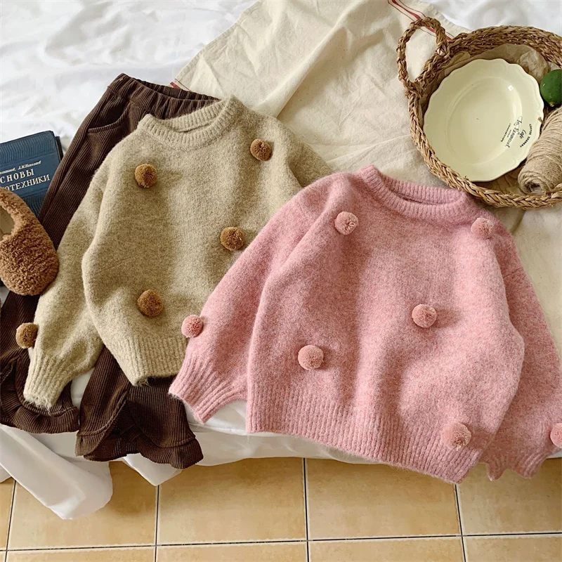 

Girls Sweater Wool Coat Kids Tops Knitting 2023 Hairball Thicken Warm Winter Autumn Cottons Teenagers Outwear Children's Clothin