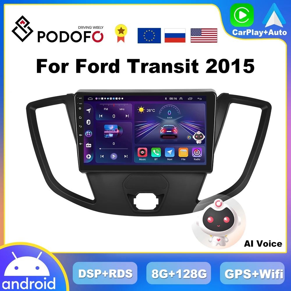 Podofo Carplay Autoradio Android Per Ford Transit 2015 Lettore Multimediale Gps Stereo 2Din Unità Principale Ips Dsp Autoradio