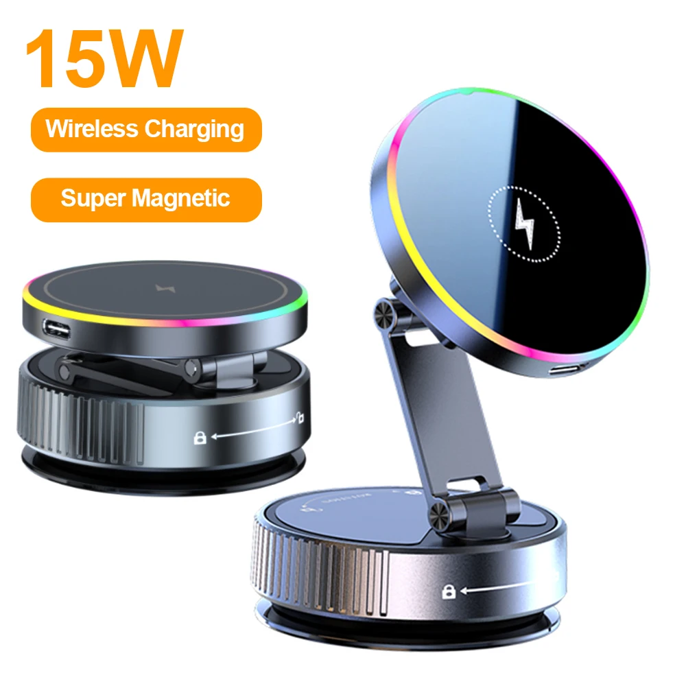 15W Wireless Car Charger with RGB Lighting and Vacuum Suction Cup