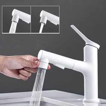 สีขาวห้องน้ําอ่างล้างหน้าก๊อกน้ําทองเหลืองดึงออกก๊อกน้ําร้อนและเย็นผสมน้ําประปาหลุมเดียวสําหรับห้องน้ําอ่างล้างจานก๊อก 2