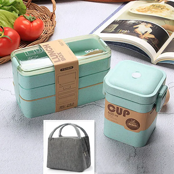 900ml 3 Layer Wheat Straw Bento Microwave Food Storage Container Lunchbox 