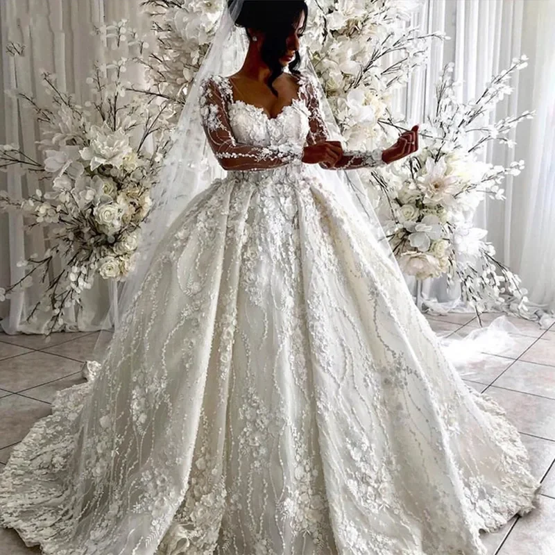 Customzied Vintage Full Lace Wedding Dresses Arabic 3D Floral Illusion Long Sleeves Bridal Gowns V Neck Vestidos wedding dresses