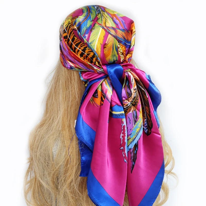 Silk Scarf Spring And Autumn Female Satin Scarf Big Square Scarves Hijabs Printed Women Scarf Purple Polyester Silk Scarf Shawl 90*90cm