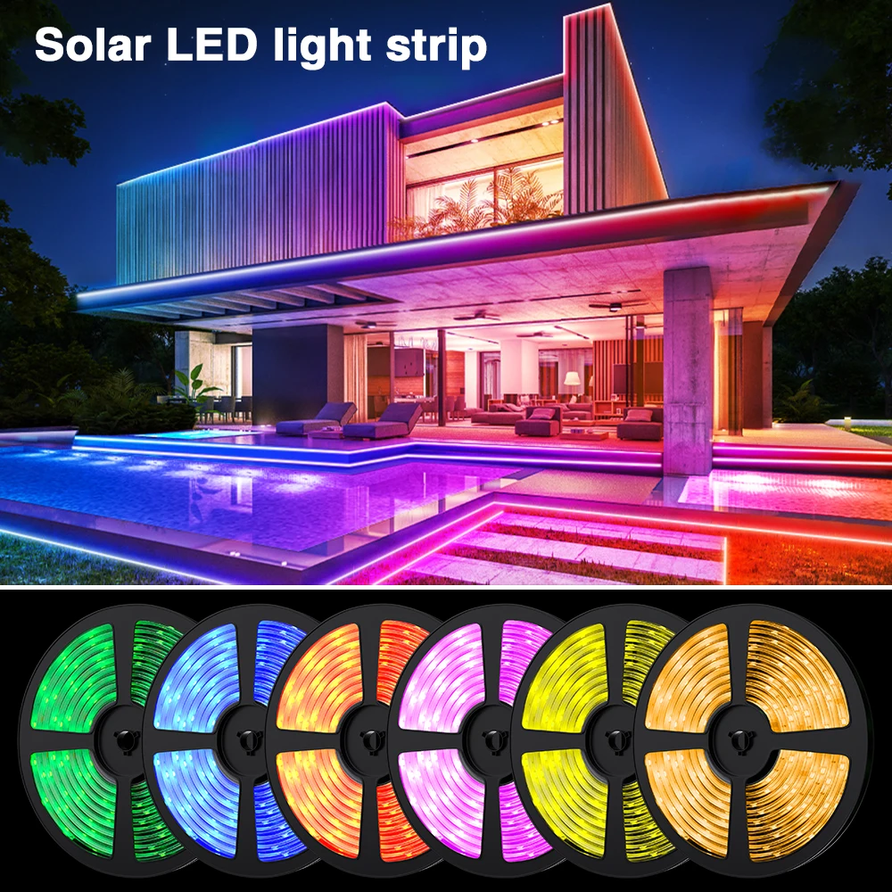 5050 RGB 태양 스트립 야외 LED 색상 장식 문자열 빛 5M 10M 스트립 거리 정원 방수 크리스마스 분위기 빛.