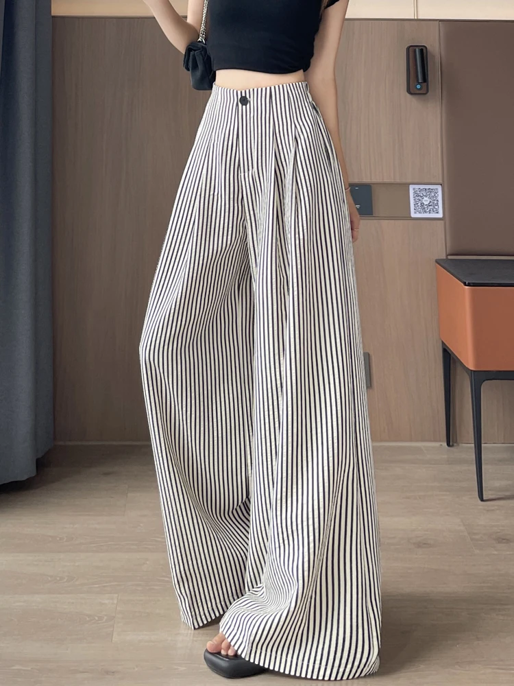 Ice Silk Cotton Linen Striped Wide Leg Pants Women Summer Thin High Waist Drape Casual Straight Floor Length Suit Pants
