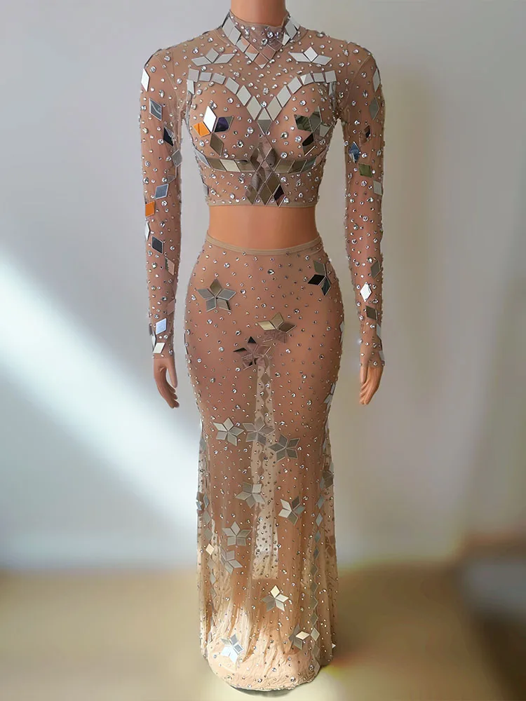 

Женский комплект из двух предметов, эластичный короткий топ с блестками и юбка средней длины, 2024