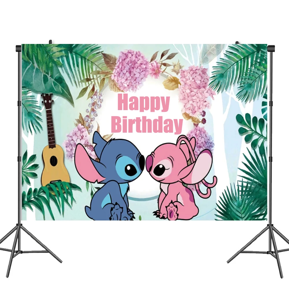 thumbnail image 1 of Fondo de ángel de Lilo y Stitch de Disney, decoraciones personalizables para fiestas de feliz cumpleaños, suministros para fiestas de baby shower, 1 of 5