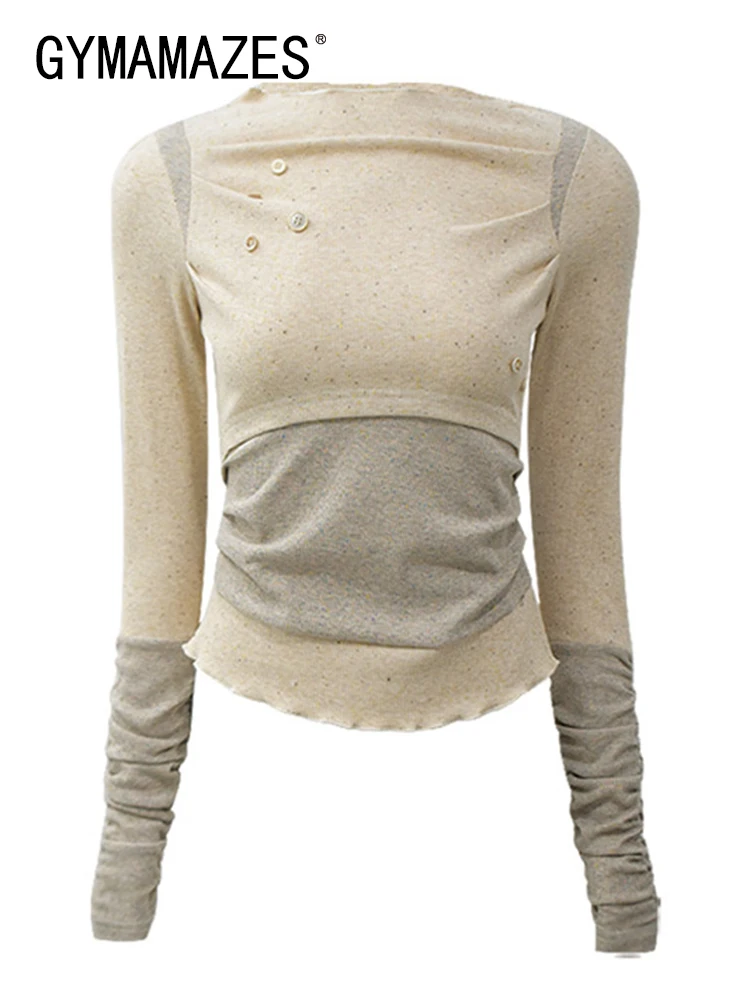 

GYMAMAZES Temperament Shirts For Women Round Neck Ruched Patchwork Button Long Sleeve Solid Slim Blouse Female Clothing 2023 New