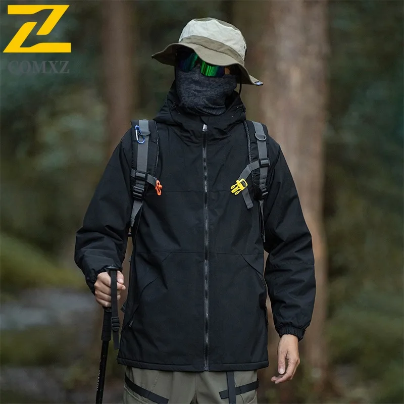 COMXZ 2025 Winter New Couple Gathered Sleeve Seam Fleece Lined Jacket Versatile Workwear Outdoor Waterproof Big Size Plush Coat