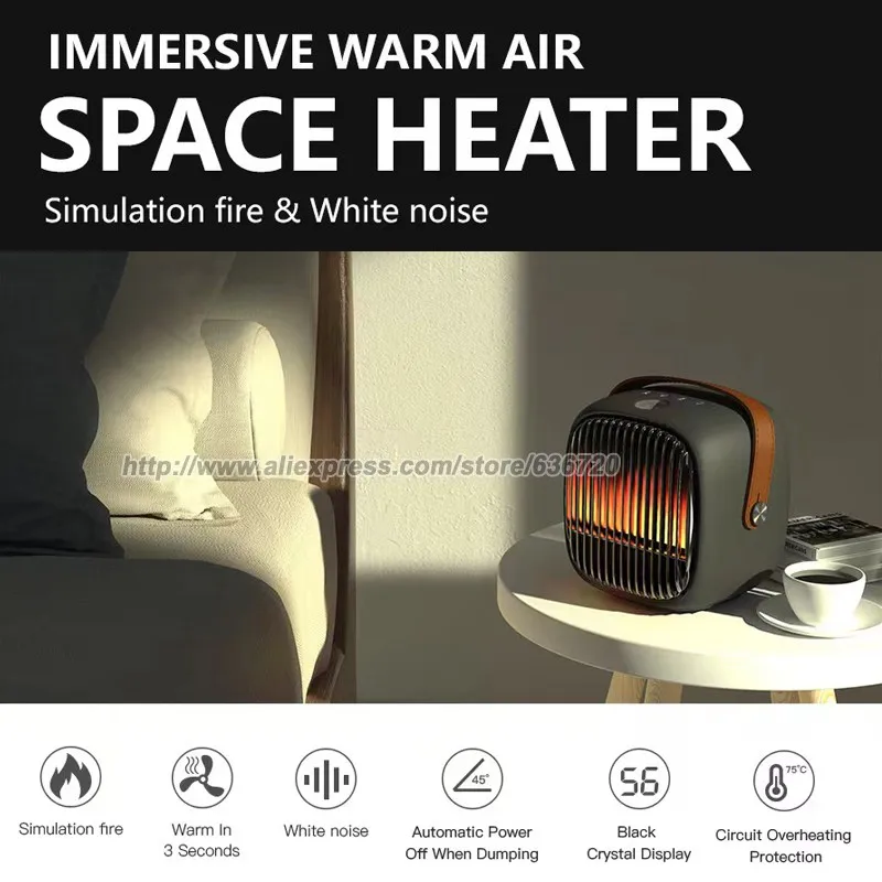 Portable Space Heater with Thermostat, for indoor use with realistic 3D flame, 800W PTC Ceramic Heating, Tip-Over Safety Switch