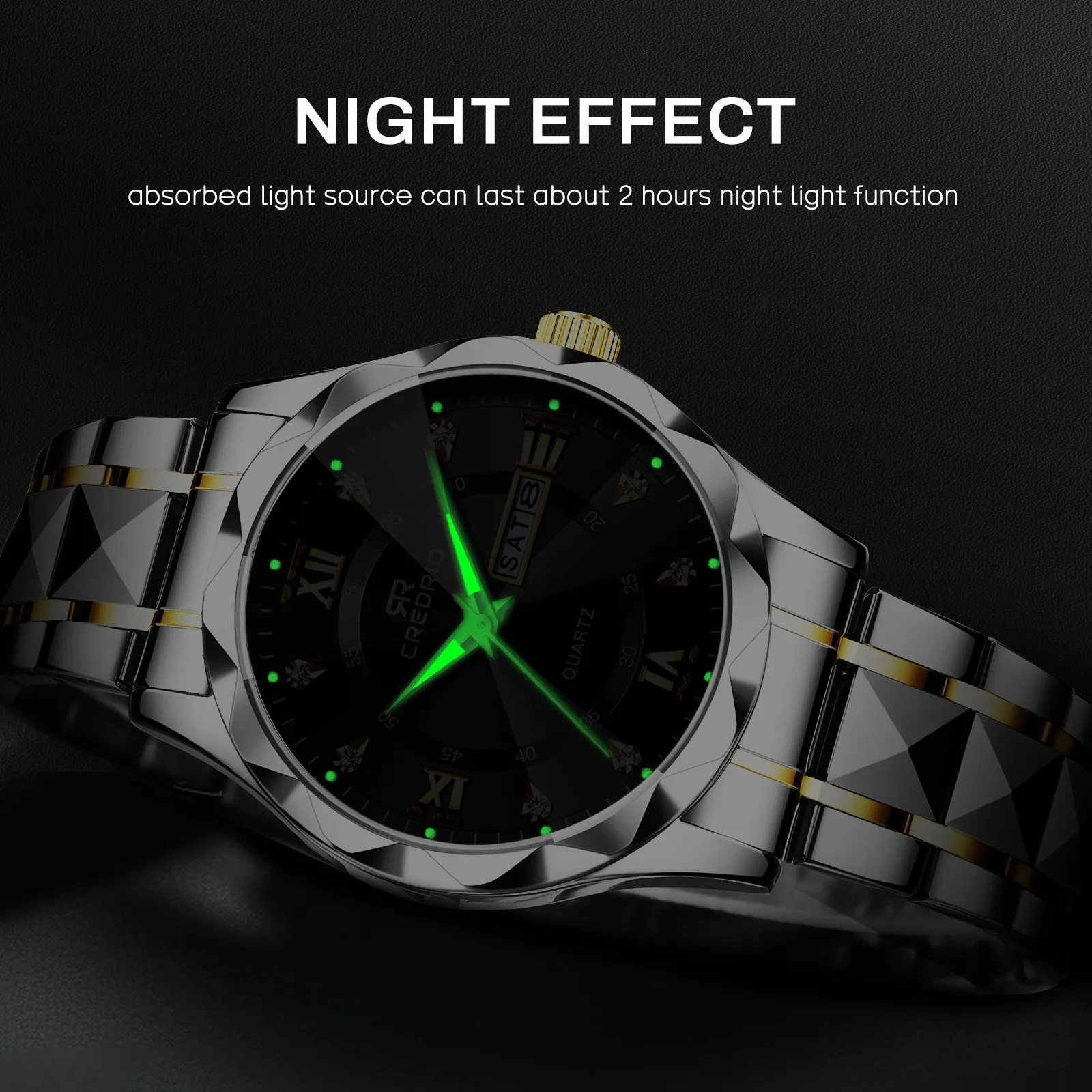 Men's Watches  Rhinestone Luxury Luminous Waterproof Double Calendar Week Quartz Movement Stainless Steel Fashion Business Watch 4