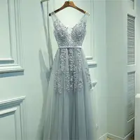 A-line V-neck Tulle Sleeveless Zipper Up Long Prom Applique V Neck Evening Gowns Formal Elegant And Pretty Women's Dresses - Image 3