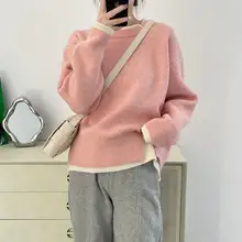 

Autumn and winter round neck loose solid color fake two-piece sweater thin section long-sleeved top women