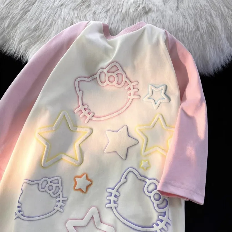 Sanrio Olá Kitty Oversized T-shirt Para As Mulheres Estrela Do Verão Y2k Menina Manga Curta O-pescoço Bonito Rosa Top Kawaii Tees Blusa Moda