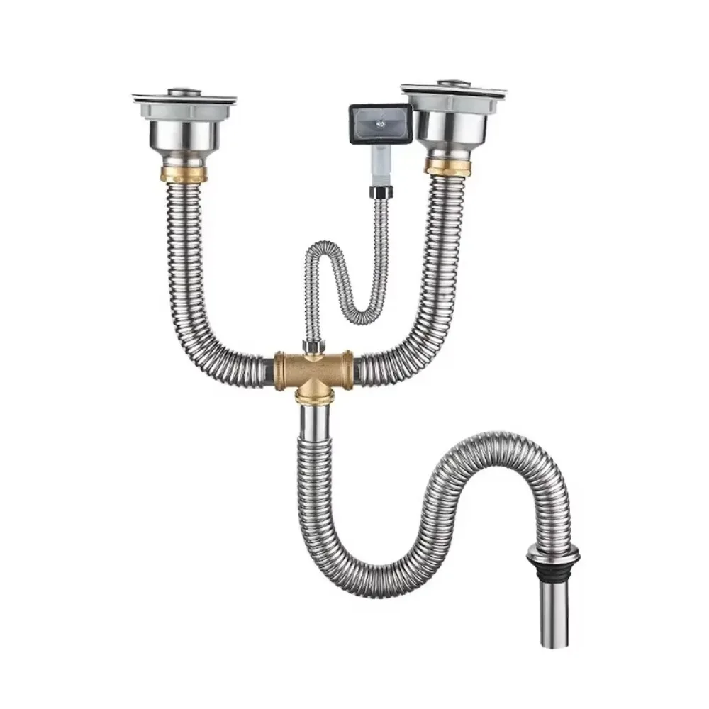 Stainless Steel Double Bowl Kitchen Sink Drain with Anti-Odor Pipe Copper Fittings and Sealing Ring Complete Drainage Kit