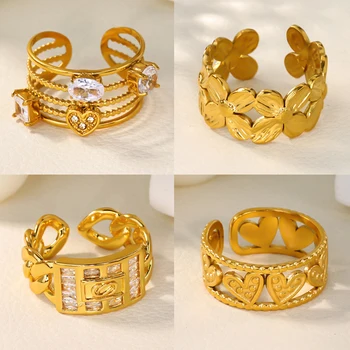 Geometric Layered Cuban Chain Rings for Women Stainless Steel Flower Heart Ring Hypoallergenic Waterproof Jewelry Christmas Gift