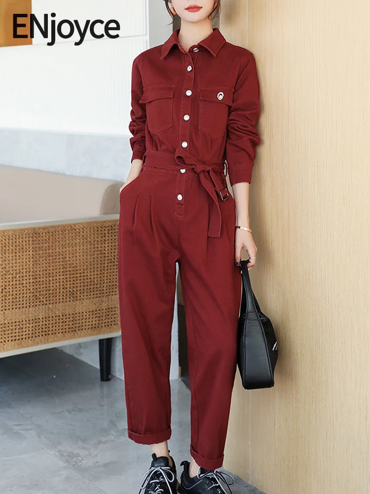 

ENjoyce 2023 Autumn Women Vintage Red Jumpsuit Cargo Pants One Piece Overalls Long Sleeve Romper Bodysuit Playsuits Streetwear