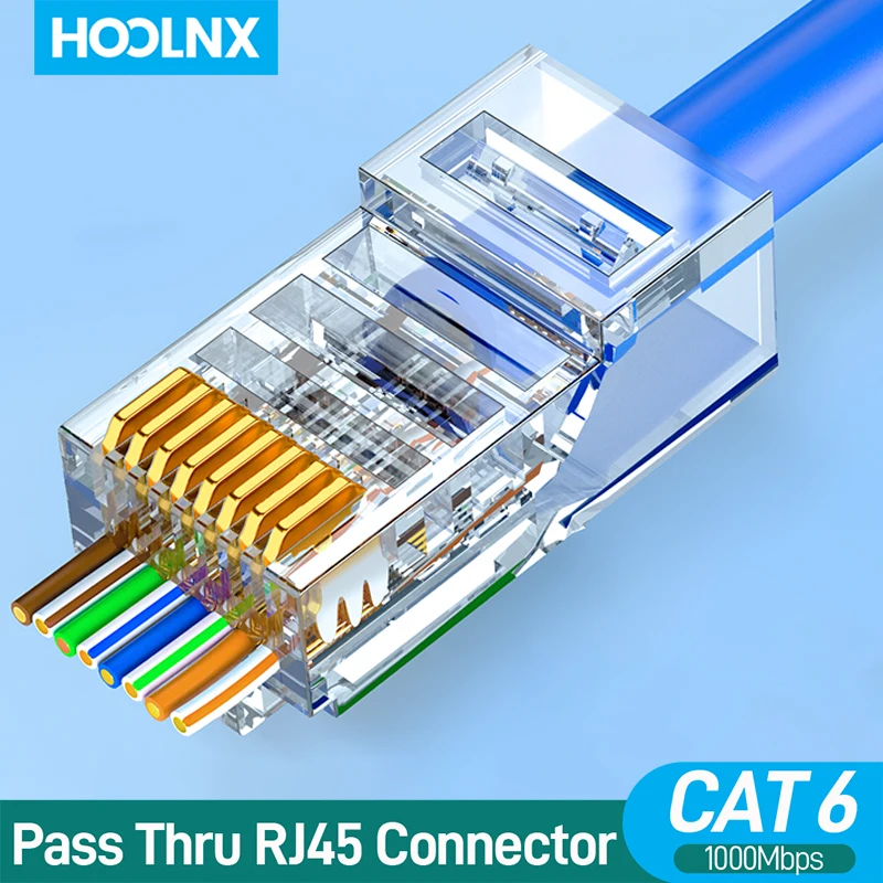 Passagem do Conector de Hoolnx Rj45 Através de Cat6a Cat6 50u Banhado a Ouro Plugue Modular para Utp Stp 2326awg Sólido ou Encalhado Cabo Ethernet