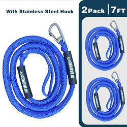 Durable Blue Bungee Dock Line - Heavy Duty, Stretchable Boat Rope with Hook/Loop Accessories - 7ft - 11ft (2Pack With Hook)