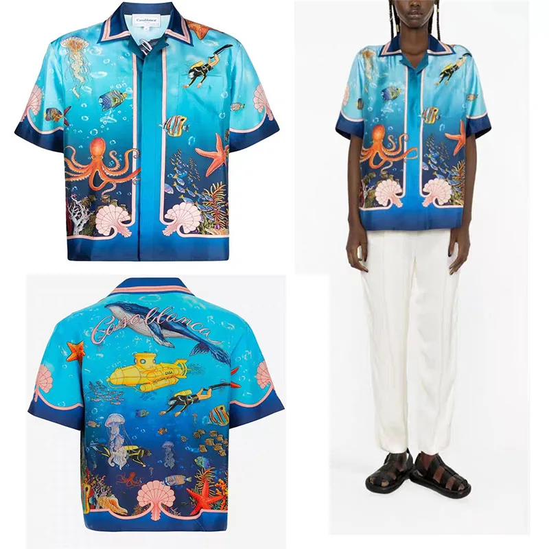 

New CASABLANCA Oversized Shirt With Silk Fabric 1:1 Undersea Printed Men's And Women's Beach Short Sleeved Shirt