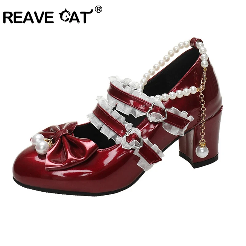 

Женские туфли-лодочки с круглым носком Reave Cat, новые туфли на блочном каблуке 5,5 см с ремешком и пряжкой, кружевные туфли больших размеров 42 43 в стиле "Лолита", 28 29