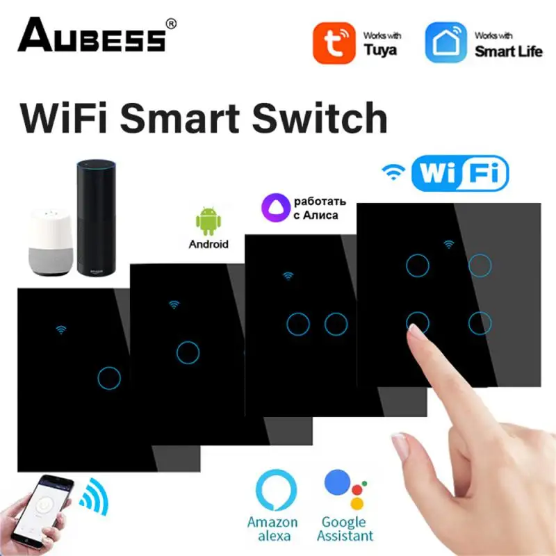 

Умный сенсорный выключатель с Wi-Fi, стеклянная панель, Европейский настенный выключатель, двухсторонний, без нейтрального провода, для умного дома, для Alexa Home