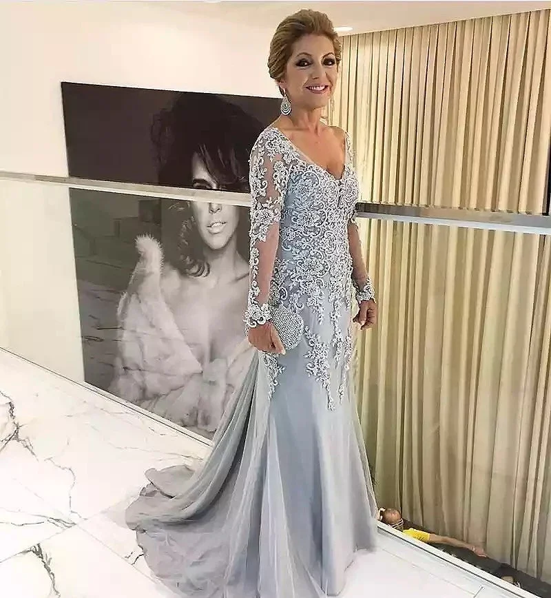 Mermaid Mother Of The Bride Dress Long Sleeve Beaded Tulle Satin Groom Mother Dress Plus Size Wedding Party Guest Gown mother bride dresses