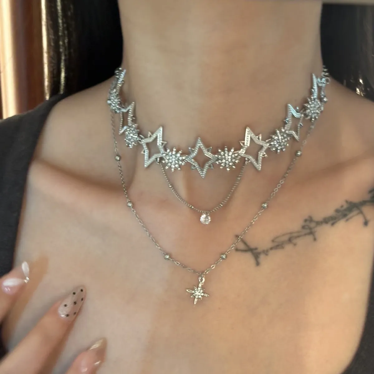 Collana Girocollo Stella In Argento - Stratificata Con Catena E Ciondolo - Stile Y2K E Bohémien
