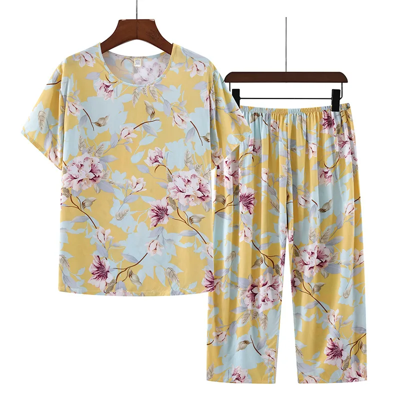 thumbnail image 1 of Pijamas de seda de algodón para mujer, traje para el hogar, ropa de casa fina de manga corta de rayón, pijamas informales para mamá de mediana edad, ropa de casa, 1 of 4