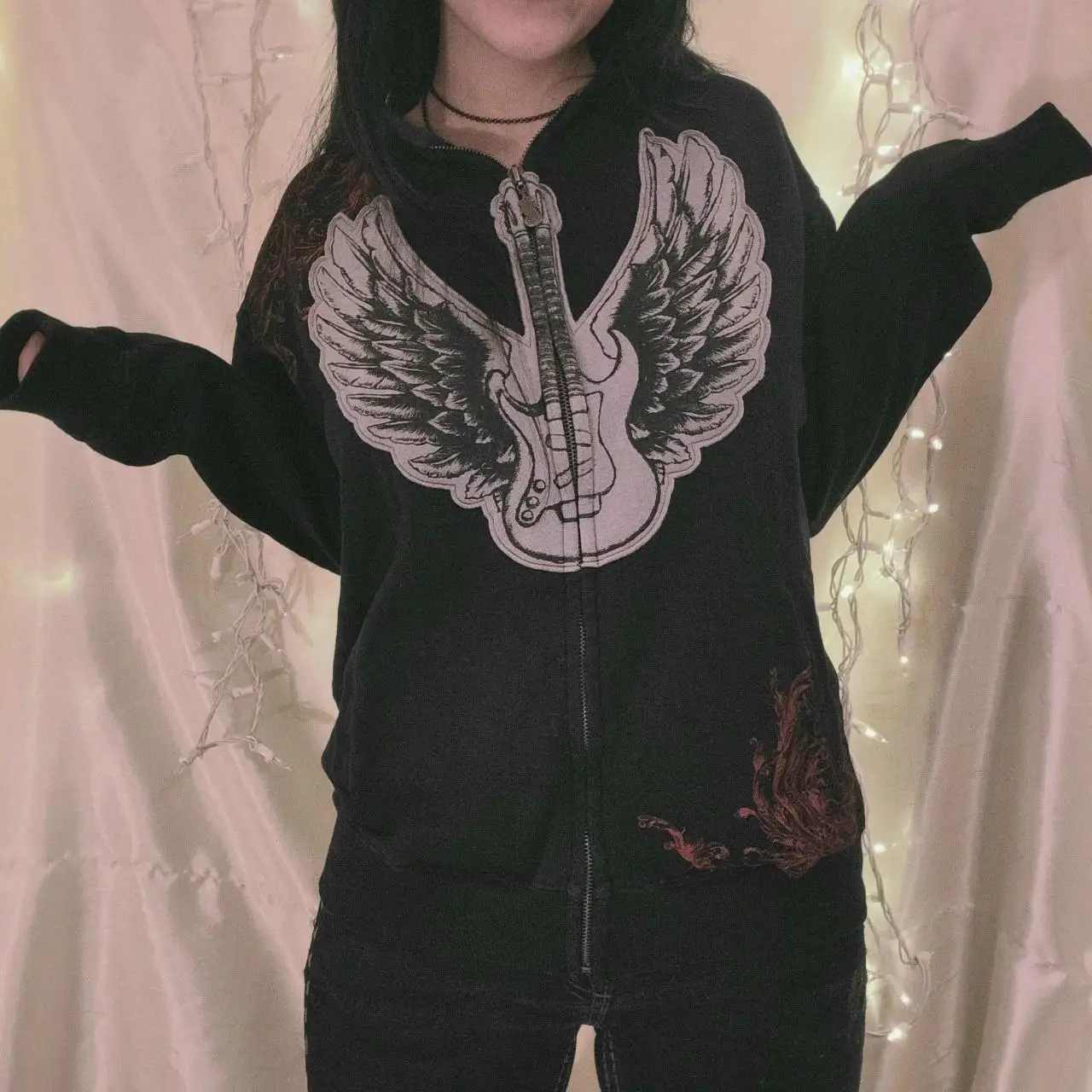 

Gothic Women Punk Hoodies Goth Wings Print Zipped Hooded Sweatshirts Grunge Long Sleeve Loose Coat for Spring Autumn