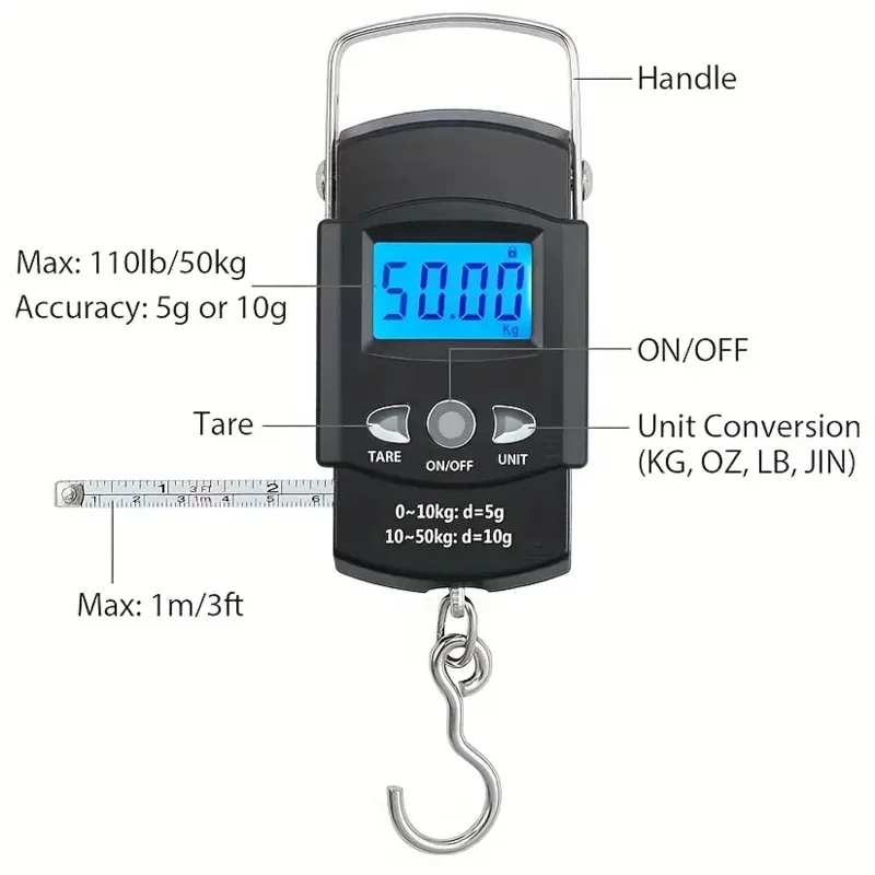 Portable 50kg Digital Handheld Luggage Scale - High Precision Metal Luggage Weighing with Unit Conversion, Compact & Lightweight