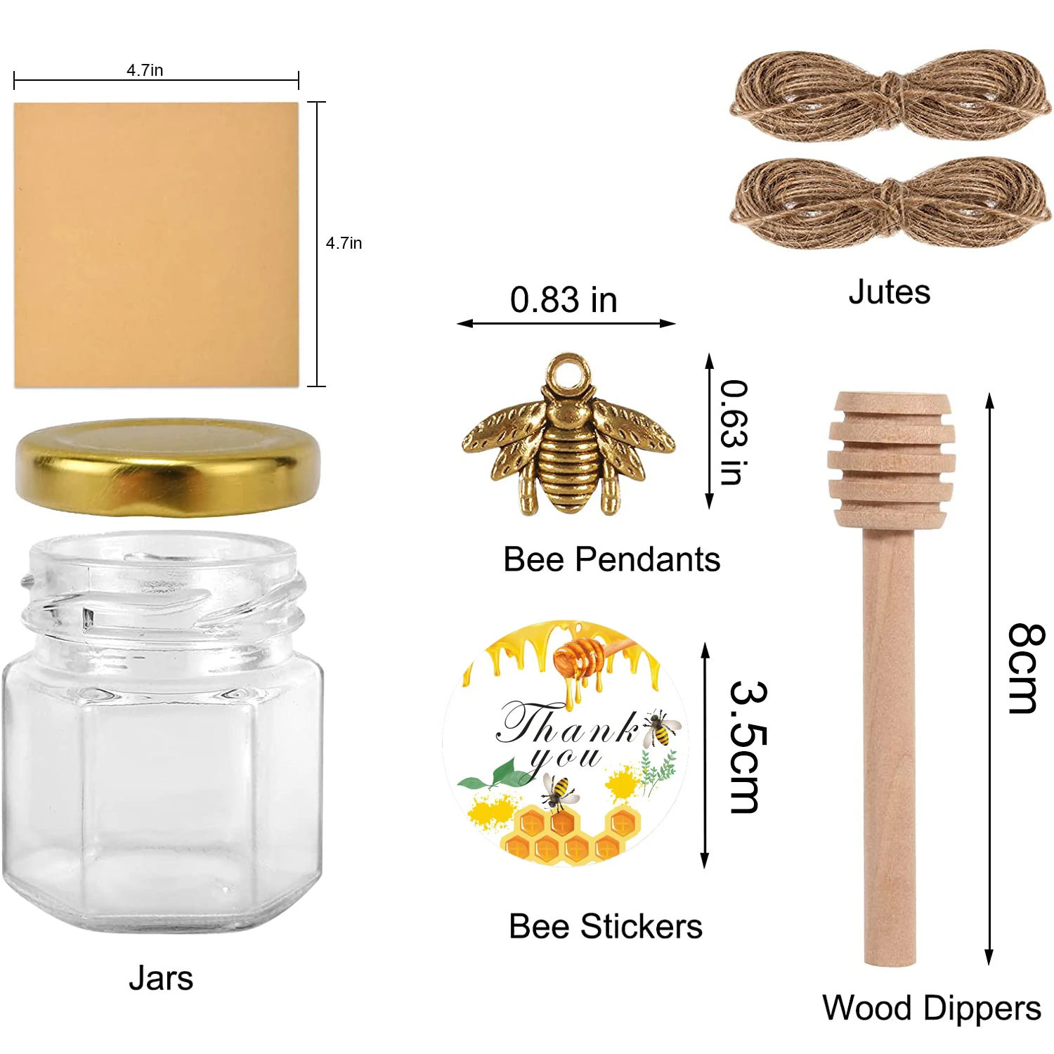 Hexagon Mini Glass Honey Jars with Wood Dippers, Gold Lids,Bee Pendants Jutes  Bee Stickers Perfect for Baby Shower,Wedding 2
