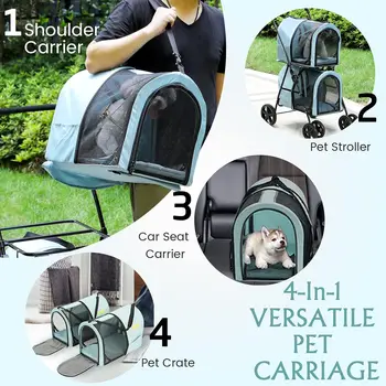 4-in-1 Double Pet Stroller for Dogs and Cats, 2 Detachable Carriers, 4 Lockable Wheels Cat Strollers for 2 Cats, Collapsible 2