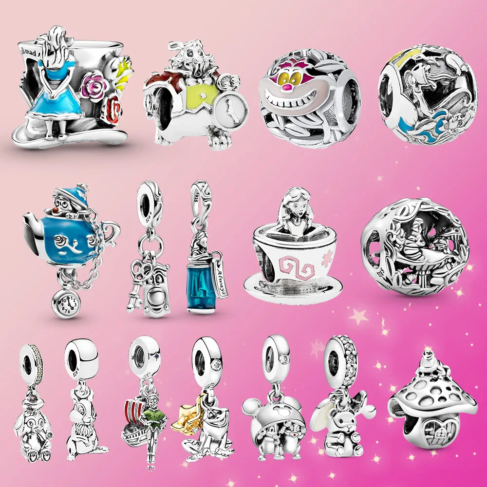Fit Pandora Disney Alice in Wonderland The Mad Hatter Tea Party Charms  Bracelet Women Jewelry Accessories Cheshire Cat Beads DIY