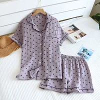 New summer women's pajamas short-sleeved shorts two-piece set 100% cotton crepe loungewear cute love breathable large size suit - Image 2
