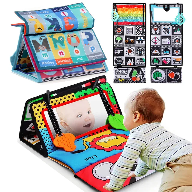 Crinkle Cloth Book Visual Stimulation Newborn Toys 0-3 Months Brain Development Tummy Time Mirror Toy for Infants Sensory Babies 1