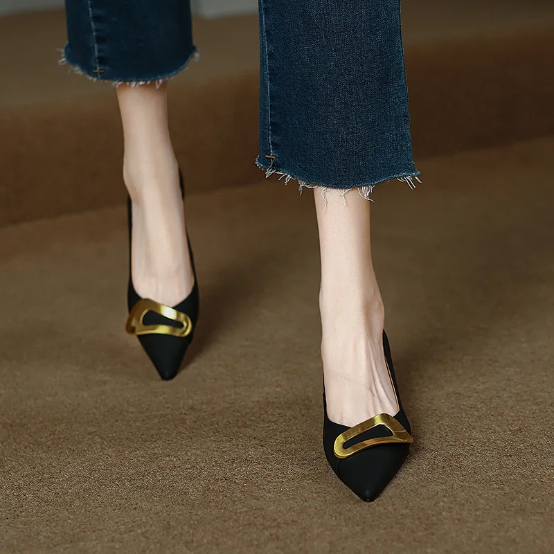 French Pointed Ladies High Heels Romantic Retro Concise Spring Women's Stiletto Metal Buckle Commute Female Single Shoes