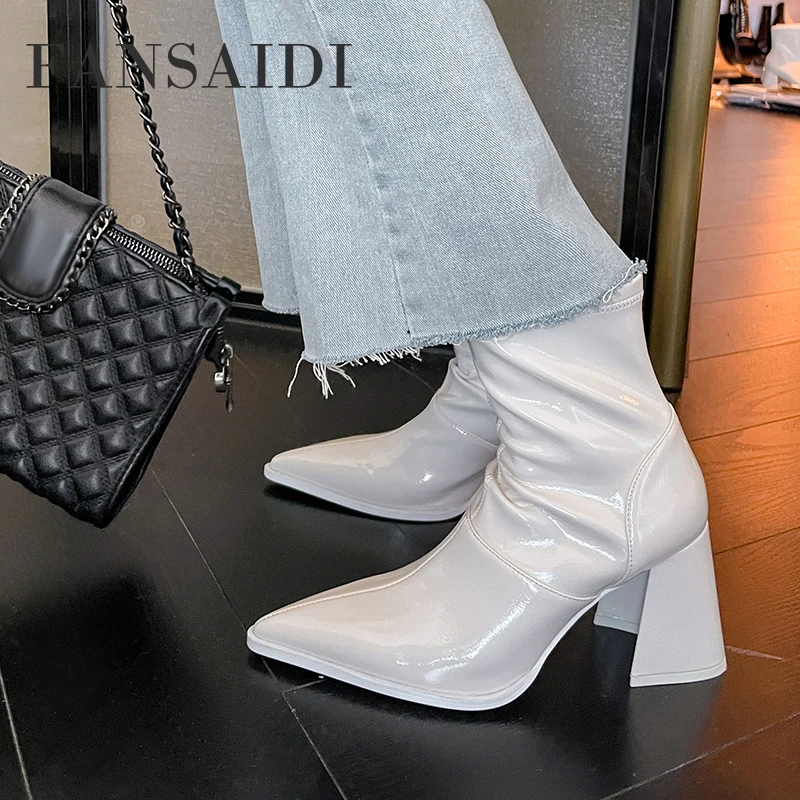 

FANSAIDI 2022 Pointed Toe Chunky Heels Short Boots Fashion Winter Pure Color Beige Ankle Boots Female Boots Block Heels33 40