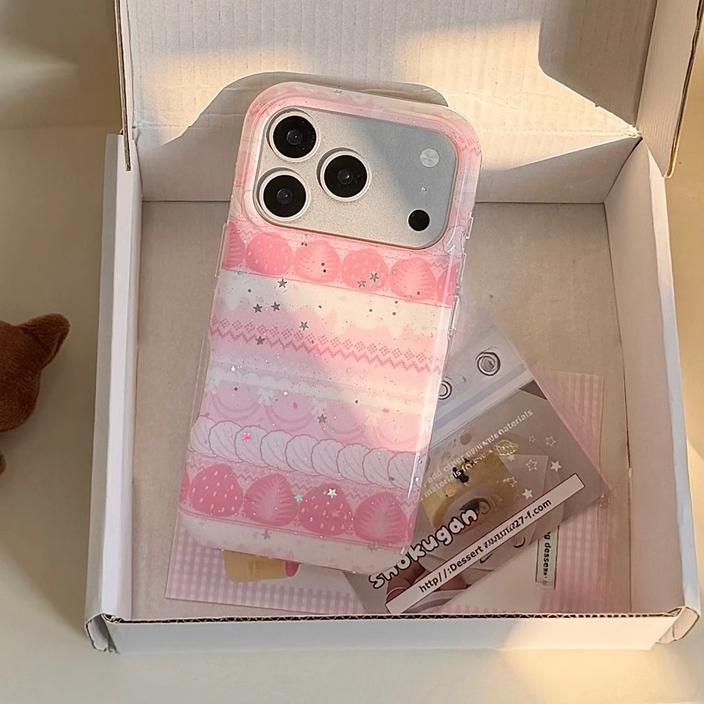 Charming Strawberry Star Glitter Shockproof Protective Phone Case - Pink Cream Edition